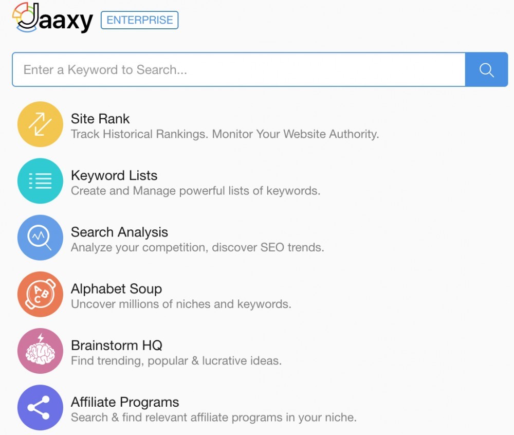 Jaaxy keyword research platform at Wealthy Affiliate with subsets such as Site Rank, Keyword Lists, Search analysis, Alphabet soup, Brainstorm HQ, Affiliate programs