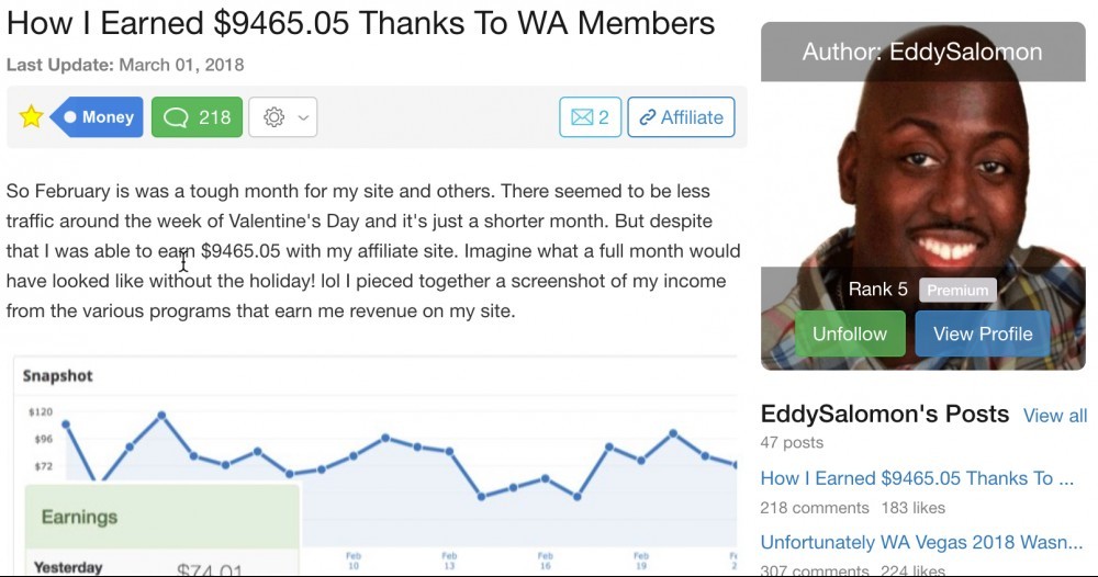 Success stories at Wealthy Affiliate with member's photos and testimonials 